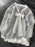 Lazy American Vintage High Street Patchwork Lace V Neck Sweaters Y2k Aesthetic Knitted Long Sleeve Clothing Harajuku Pullovers