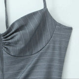 Pbong  Gray Striped Print Ruched Chest Corset Style Bow Halter Sling Dress Women Backless Low Waist Mini Swing Dresses Summer Robe