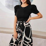 Pbong  Summer New Style Women's Casual Pants Printed Chiffon Slim Fit Top Set Comfortable Leisure Polyester Fiber Three Quarter Sleeve