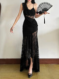 New Vintage Punk Solid Color Slimming High Waist Dress Fashion V-neck Strap Mesh Y2K Retro Dresses Women's Clothing
