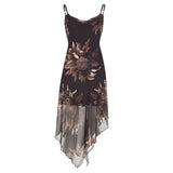 Vintage Asymmetrical Flowers Printing Mesh Dress