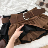 Tiered Ruffled Mini Skirt with Belt Built-in Shorts Thick Wool High Waisted Short Skirt Women Teen-girl Autumn Winter Y2K Outfit