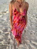 Sexy Backless Lace Up Printed Dresses Women Irregular Hem Ruffles Sling Beach Dress Female Summer Sleeveless Robe Holiday Street