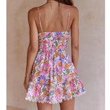 Pbong  Floral Printed Strappy Mini Dress Bow Tie Pink Ruffles Sexy Summer Sundress Chic Backless Party Dresses Ladies Vestido