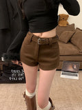 Pbong  British Style Spicy Girl Coffee Faux Woolen Shorts for Women Fall/Winter New Low-Waisted Straight Casual Short Pants Street Wear