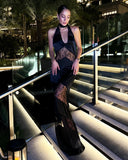 Sexy Halter-neck Black Party Dress New Fashion Lace Patchwork Sheer Women Long Dress Sleeveless Summer Maxi Dress Vestidos