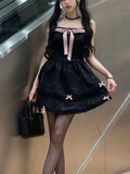 Pbong  Korean Fashion Sweet Elegant Dress Women Slim Pink Diamond Bow Tight Waist A-Line Puffy Skirt Casual Chic Feminine Party Outfit