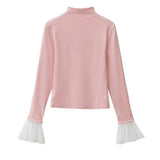 Pbong  Patchwork Flare Sleeve Woman T Shirts Turtleneck Tunic Bodycon Tees Chic Korean Y2k Tops Casual All Match Tshirt