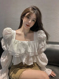 Preppy Youthful Elegant Cropped Blouses Women Korean Dongdaemun Puff Long Sleeve Ruffle Top Luxury High Quality 2024