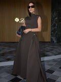 Elegant Oblique Collar Pleated A-line Dress For Women Fashion Brown Sleeveless Slim Long Dresses New Evening Party Gowns