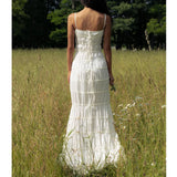 New Summer Chiffon Beige Solid Color Lace-ups Slim Slip Dress Ruffle Chic Party Beach Fashion Long Dress For Women