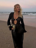 Summer Lady Sexy Deep V-neck Hollow Out Knitted Long Dresses Fashion Loose Full Sleeve Cover-ups Women Beach Party Dresses