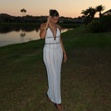 New Fashion Sexy Deep V-neck Hanging Neck Beach Dress Tight Backless Patchwork Hollow Fashion Summer Long Dress 2025 Vestidos