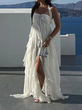 Elegant Irregular Tube Long Dresses Women Retro White Pleated Backless Halter Maxi Evening Dress Female Summer Chic Party Beach