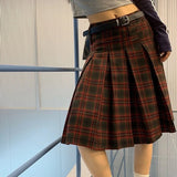 Women Pleated Plaid Skirt Vintage Preppy Style Mid Length Skirt Harajuku Korean Fashion Retro Japanese Classic Basic