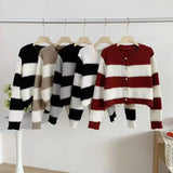 Women's Acrylic Long Sleeve O-Neck Button-Down Striped Cropped Knit Cardigan Ladies Autumn Winter Korean Fashion Knitwear