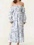 Pbong  Woman Vintage Floral Dress Puff Long Sleeve Off Shoulder Ruffle Long Dress Spring Fall Casual Vintage Bohemian Dresses