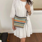 Pbong  Women Summer Straw Crossbody Purse with PU Adjustable Strap Travel Bucket Bag for Beach Vacation Travel