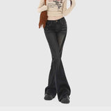 Pbong  American Retro Low Waisted Washed Jeans Women Streetwear Y2K Slim Fit Flared Pants Mujer Fashion Button Pockets Denim Trousers