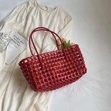 Small Solid Color Weave Tote Bags for Women Fashion Summer Shoulder Bags Simple Handbags Hollow Out Beach Bag