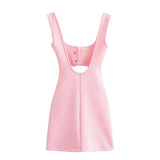 New French Fashiona Elastic Design Square Neck Short Dress Tight Backless Pink Party Dress Hollow Fashion Summer Dress