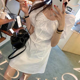Pbong  Chic Summer Anti-Aging  Knot Square Collar Dress Women's Waist Cinching Slimming Bubble Sleeve Short Dress