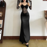 Lace Satin White Party Dresses Women Elegant Sexy V Neck Backless Maxi Dress with Gloves