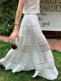 Embroidered Hollow Lace Spliced White Long Skirt 2025 Spring Summer New Elastic Waist Cotton A-line Vacation Beach Boho Skirt