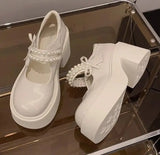 Pbong  Pink Thick Bottom Mary Jane Shoes Women Autumn New Sweet Pumps Fashion Pearl Retro Thick High Heel Loafers Women's Shoes