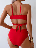 High Waist Bikinis Cross Strappy Swimsuit Women Solid Sexy Red Swimwear Female Bathers Bathing Swimming Swim Suit Beachwear