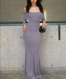 Neck Long Sleeve Solid Elegant Sexy Slim Bodycon Maxi Prom Dress 2023 Summer Women Y2K Wedding Party Goth Clothes