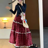 New Year's Christmas Vintage High Street Red Plaid Women Long Skirt Korean Style Fashion Sweet Y2k High Waist Ruffles Cake Skirt