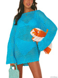 Women Long Sleeve Crochet Knit Mini Dress Colorful Bikini Cover Ups Dress Sexy Hollow Out Beach Tunic Dress