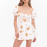 Pbong  Hit Color Printing Slimming Mini Dresses for Women Square Neck Short Leeve High Waist Temperament Dress Female