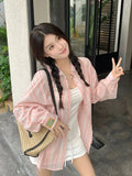 Sweet Casual Women Striped Shirts Loose Long Sleeve Vintage Cotton Linen Sun Proof Blouse Korean Preppy Style Letter Retro Tops