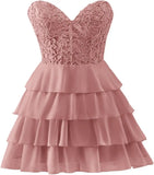 Pbong  Lace Tiered Chiffon Homecoming Dresses Strapless Corset Short Prom Dresses for Teens