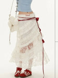 Fairycore Lace Long Skirts Women Elegant Irregular Tulle Layered Skirt Boho Vintage White See Through Holiday Skirts