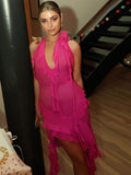 Sexy Ruffles Fairy Dress Women Fashion Mesh See Through Mini Bodycon Dress Summer Irregular Beach Party Club Outfits