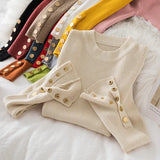 Gold Button Pullovers Sweater Women Long Mock Neck Fitted Knit Top Soft Jumper Streetwear Sweater Fall Winter Layered Outfit