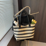 Pbong  Large Capacity Straw Woven Tote Bag Casual Shoulder Summer Travel Handbag Urban Minimalist Style Polyester Lining Zipper Opening