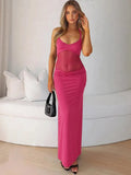 Halter Backless Sexy Maxi Dress Women Gown Mesh Patchwork Sleeveless High Waist Slim Elegant Long Dress Fashion