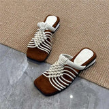 Pbong  womens Woven Thin Strap Slippers Summer New Square Toe Open Toe Cutout Breathable Non-slip Wear-resistant Low Heel Shoes