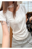 Pbong  O Neck Patchwork Lace Woman Tshirts Korean New Printing Tunic Pleated Tops Fashion Casual Y2k Slim Fit T Shirt