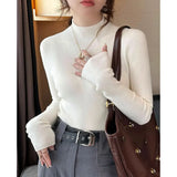 Light Yellow Sweater Woman Long Sleeve Rib-knit Mock Neck Sweater Pullover Plain Mockneck Jumper Autumn Winter Basic Outfit