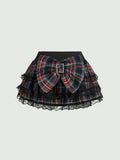 Pbong  J-Fashion Y2K Gyaru Himekaji Harajuku Lolita Oversized Bowknot Low Waist Lace Frilled Plaid Mini Skirt For Women