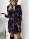 Pbong  Women's Long Sleeve Floral Print Bodycon Dress, Teal Vintage Ditsy Pattern, Casual Chic Mini Dress