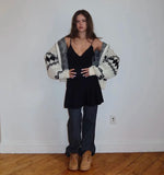 pink knit flower strap black V-neck dress short for women