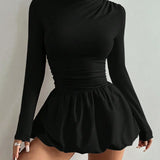 Pbong  New Autumn And Winter Women Slim Long-Sleeve Dress Round Neck Puffy Dress Solid Color Black Fashion Elegant Dress