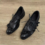 Pbong  Fashion Lace-up Genuine Leather Women Pumps Shoes Woman Mid Heels Loafers Shoes Round Toe Summer Casual Party Ladies 35-40