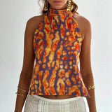 Women Y2k Graphic Print Halter Tank Top Summer Sleeveless Going Out Crop Tops Boho Sexy Backless Vacation Beach Camisoles Vest